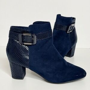 Karen Scott Ankle Boots Size 9 Navy Blue Faux Suede Faux Snake Block Heel